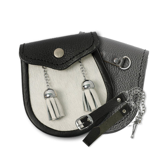 Boys' White Cowhide Sporran With Two Tassels - Free Sporran Belt