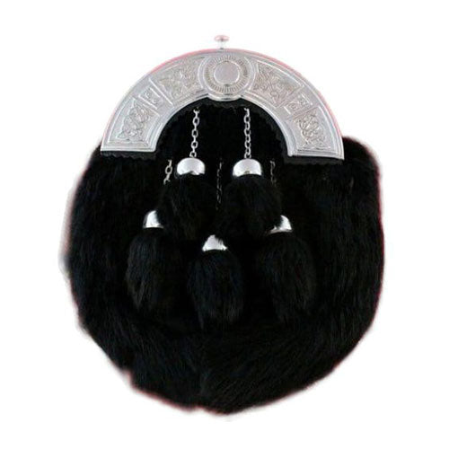 Full Dress Black Rabbit Fur Sporran With 5 Tessels - Chrome Interlace