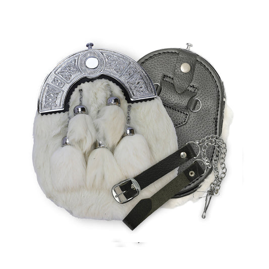 White Rabbit Fur Sporran With Five Tassels - Full Dress