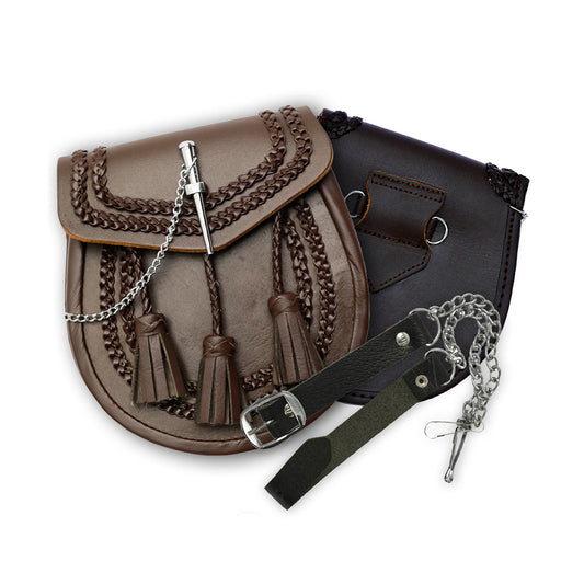 Brown Leather Braided Pin Lock Sporran