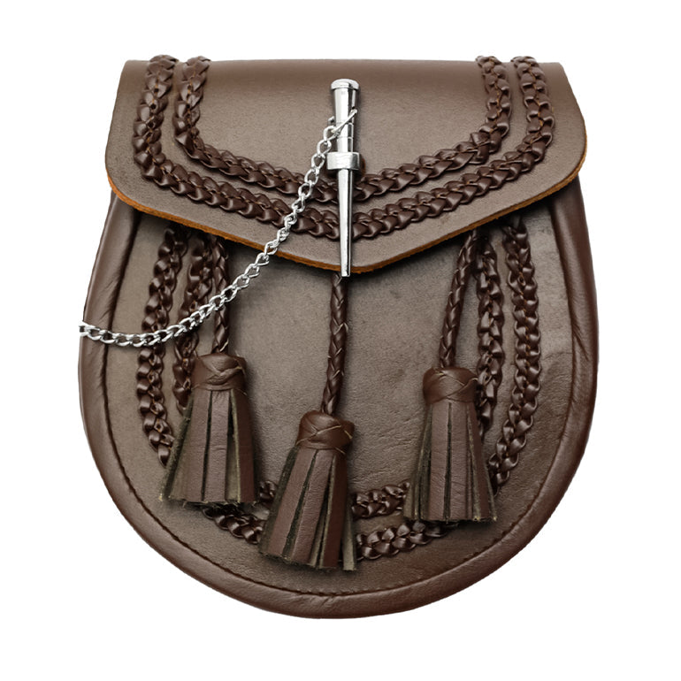Brown Leather Braided Pin Lock Sporran