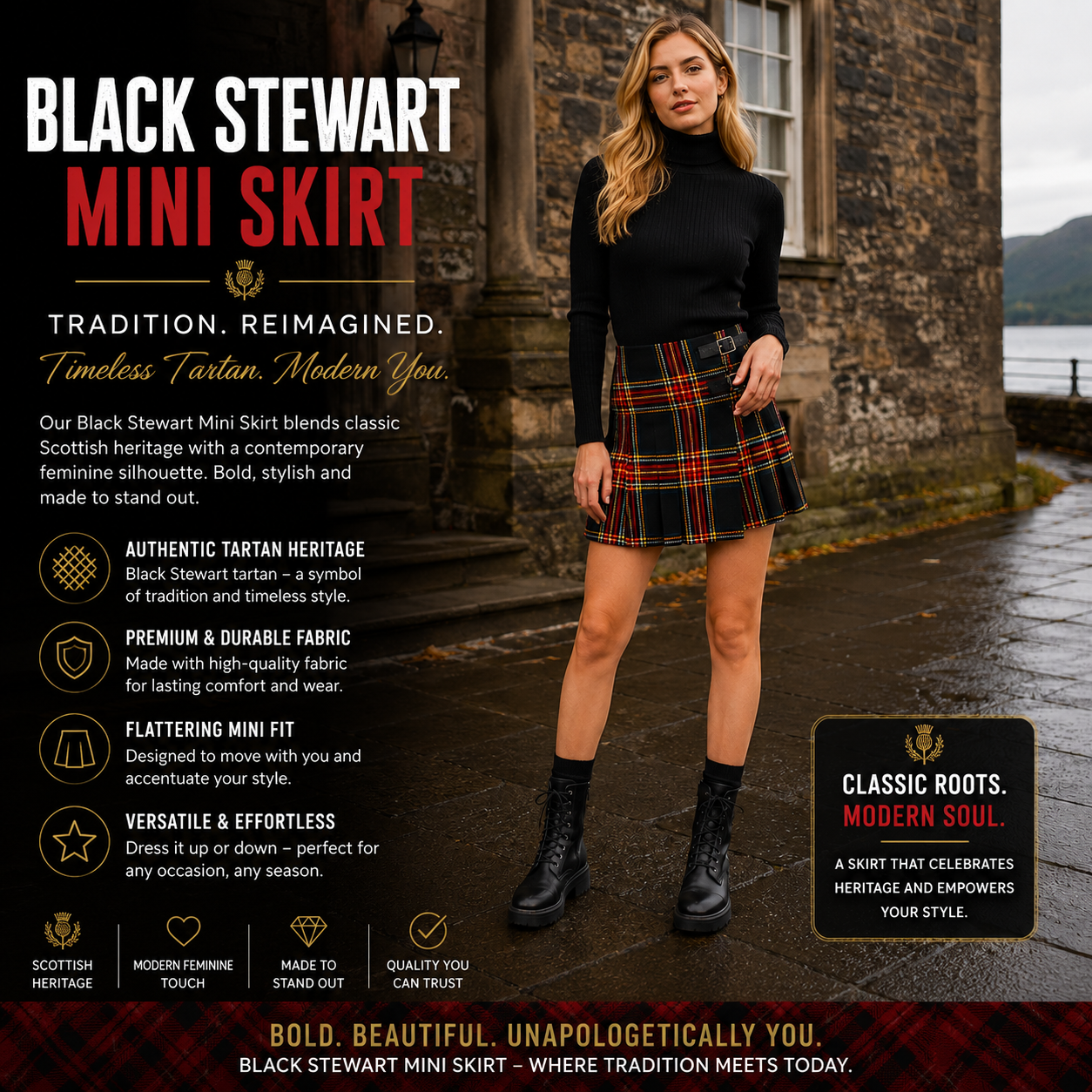 A woman modelling wearing tartan plaid mini skirt which is a kilt for women.