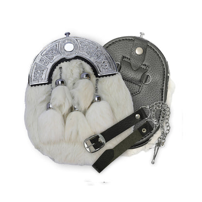 White Rabbit Fur Sporran With Five Tassels - Full Dress