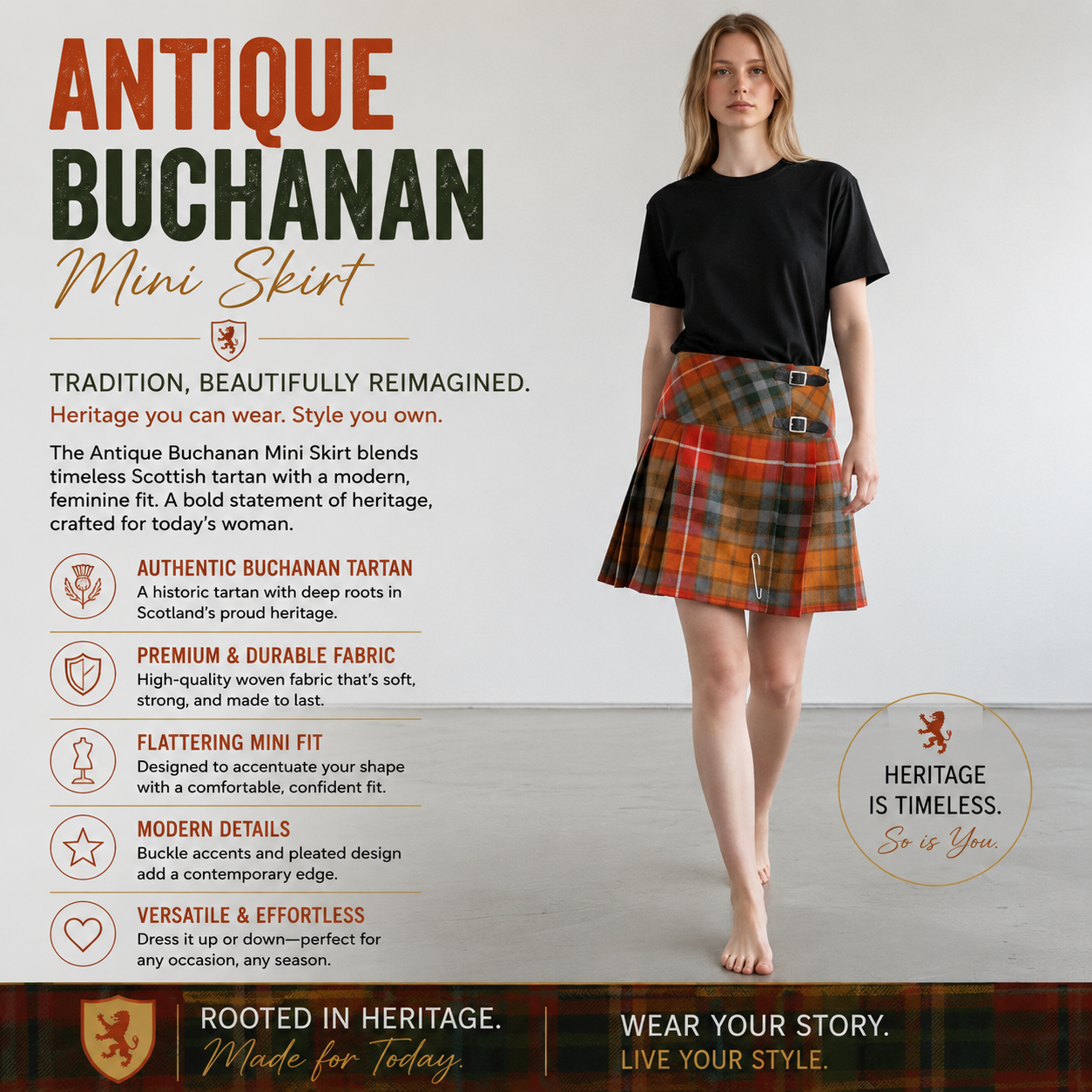 A woman modelling wearing tartan plaid mini skirt which is a tartan kilt for women.