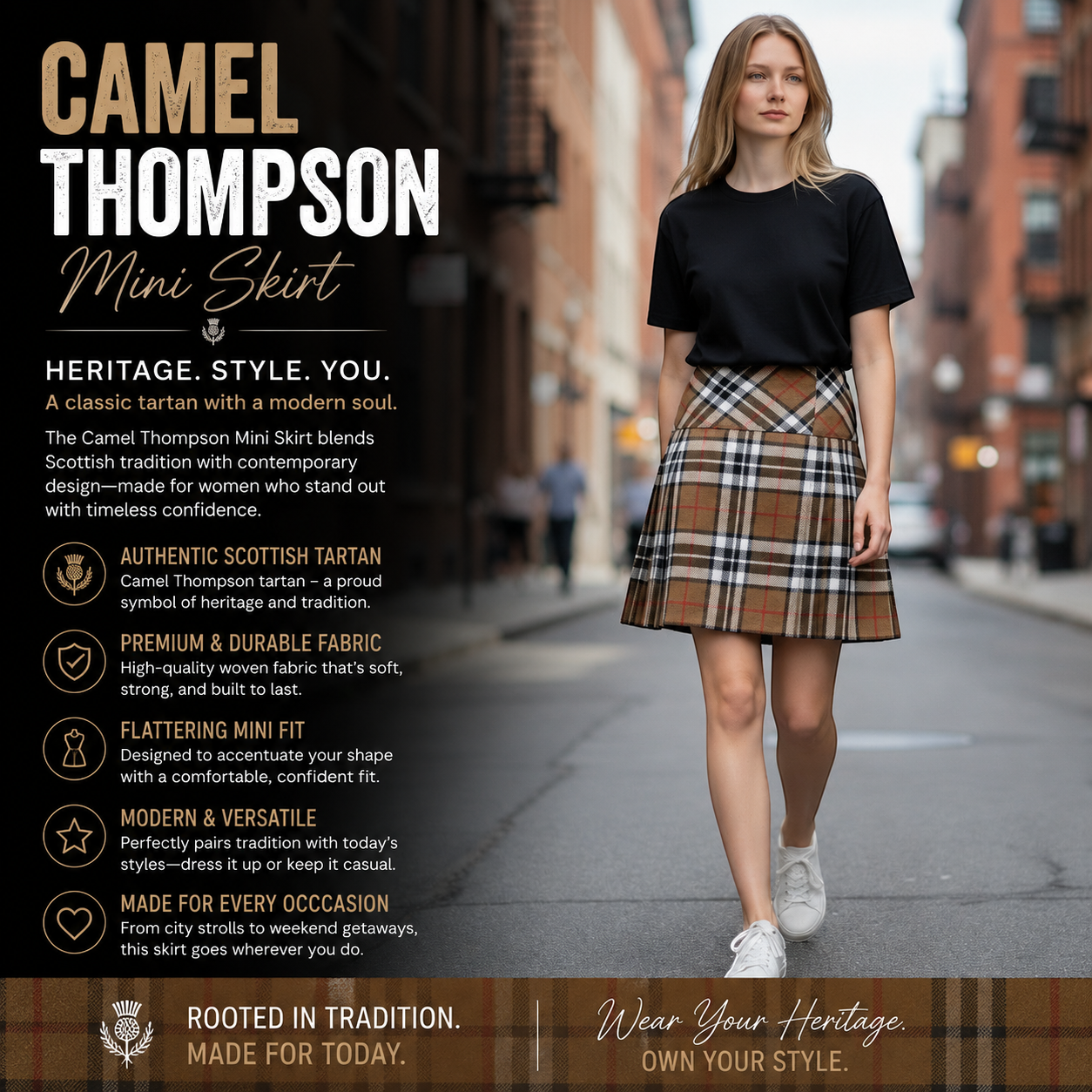 A woman modelling wearing tartan plaid mini skirt which is a tartan kilt for women.