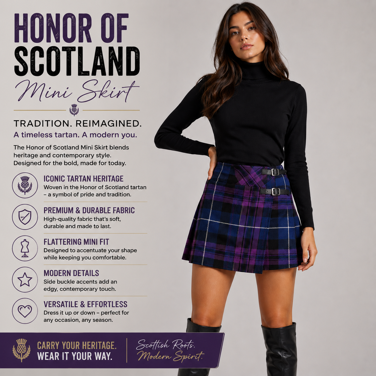 A woman modelling wearing tartan plaid mini skirt.