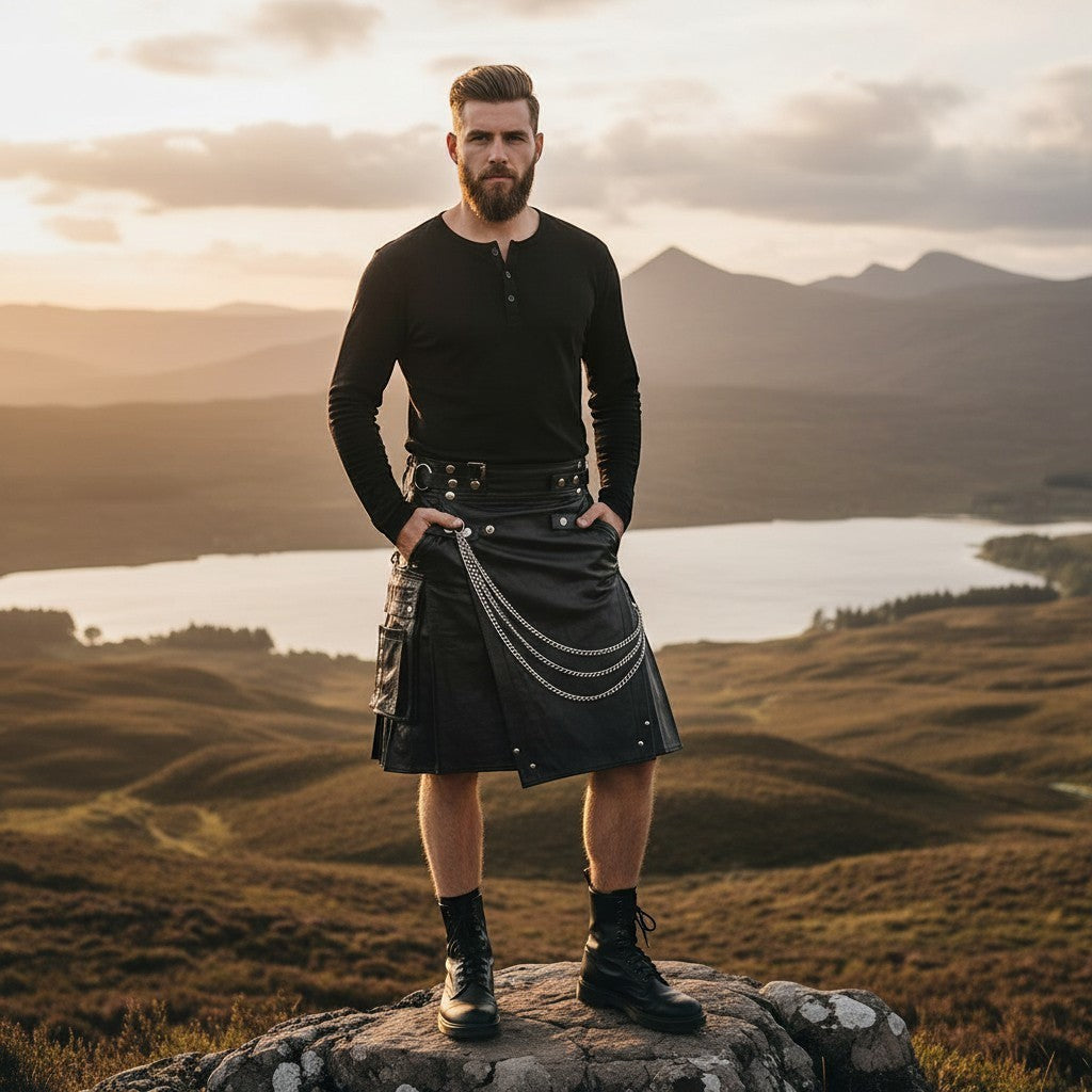 A man wearing a kiltastic.com black leather utility kilt with chrome chains and cargo pockets on a mountain landscape.