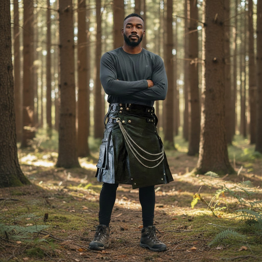 kiltastic.com men's black leather utility kilt with cargo pockets, chrome chains, and buckles in a forest setting.