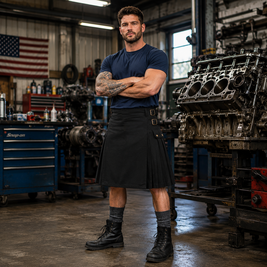 Black Denim Cargo Utility Kilt