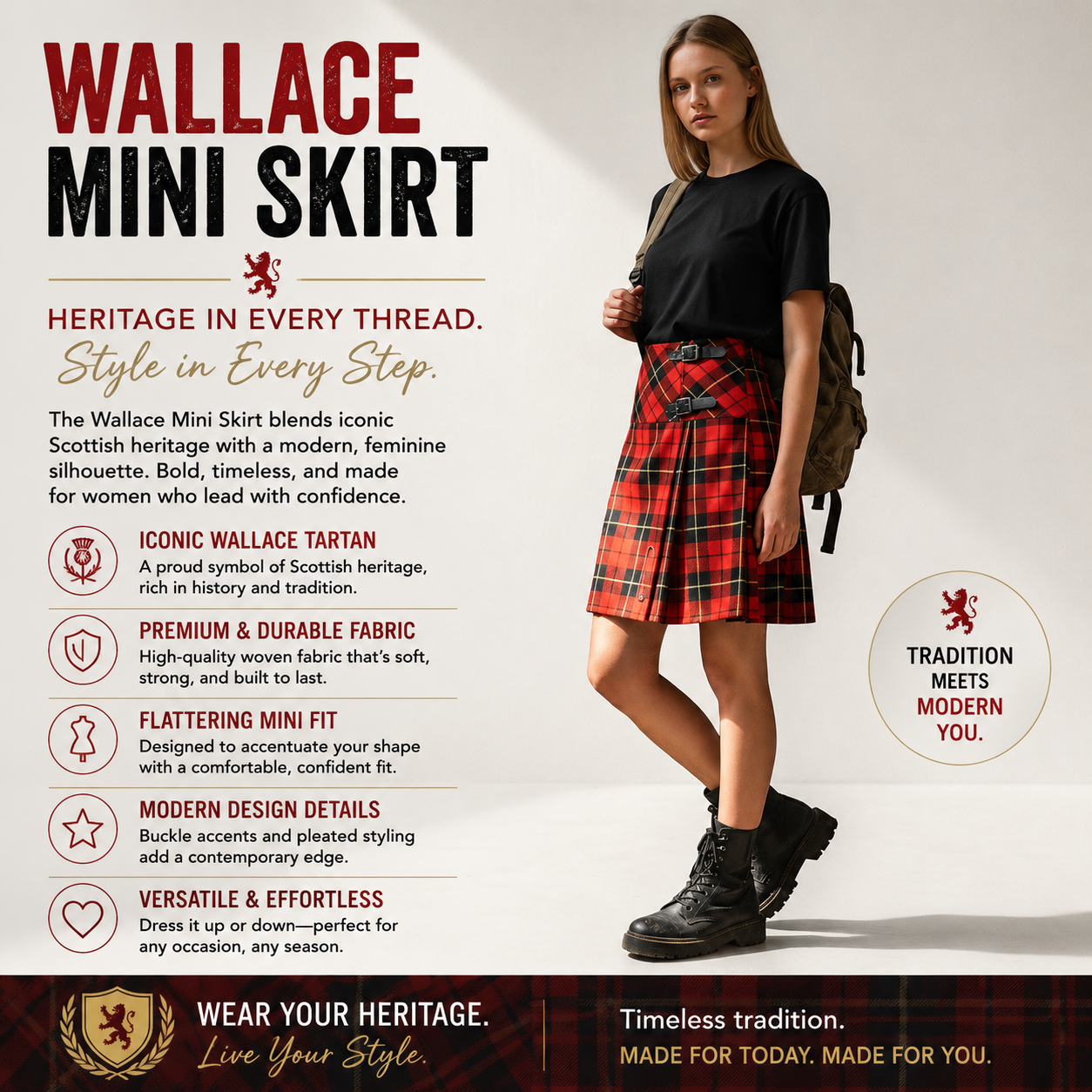 A woman modelling wearing tartan plaid mini skirt which is a tartan kilt for women.